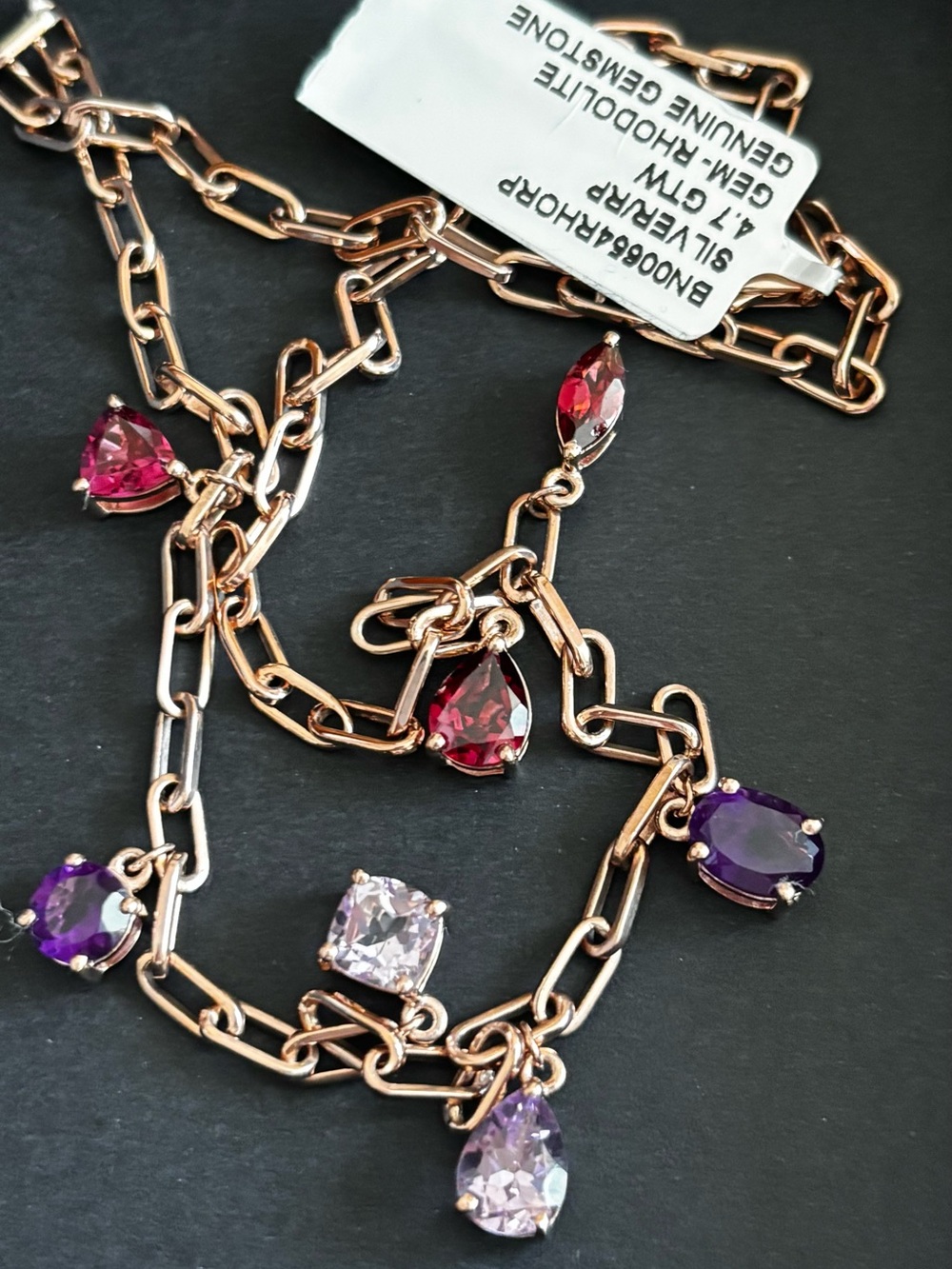 Sterling Silver Rose Gold Tone Multi-Gemstone Necklace - genuine Rhodolite